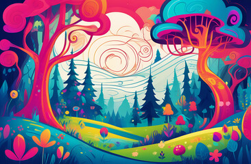 a vivid illustration with a fabulous forest, swirls of plants