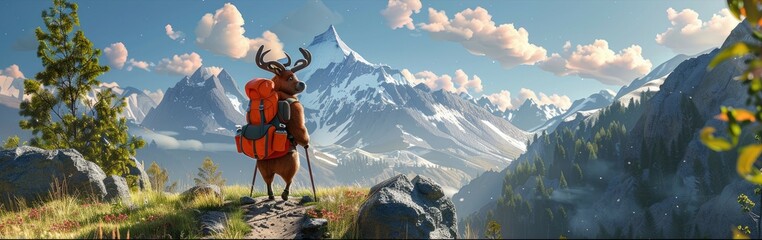  character with an elk's head, wearing red armor and balo , stands on a mountain trail, with snow-capped mountains in the background - obrazy, fototapety, plakaty