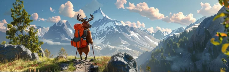 Fotobehang  character with an elk's head, wearing red armor and balo , stands on a mountain trail, with snow-capped mountains in the background © Trng