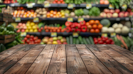 Wooden board empty table in front of blurred background. Perspective dark wood table over blur in supermarket fruits and vegetables shelf. Mock up for display - obrazy, fototapety, plakaty