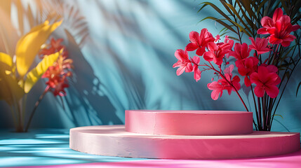 Serene composition: Pastel podiums in soft focus with vibrant red flowers adding a pop of color