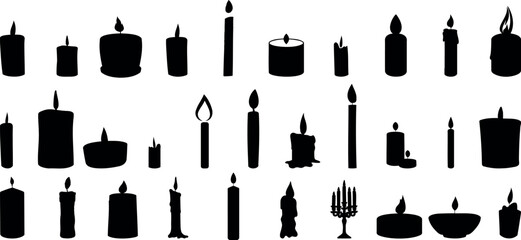 Candle silhouette , diverse candle vector set for relaxation, celebration, holidays. Elegant wax shapes, sizes for decor inspiration, event planning, artistic projects. ambiance, lighting effects - obrazy, fototapety, plakaty