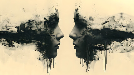 Abstract monochromatic artwork featuring symmetrical faces with a Rorschach inkblot aesthetic and dramatic drips