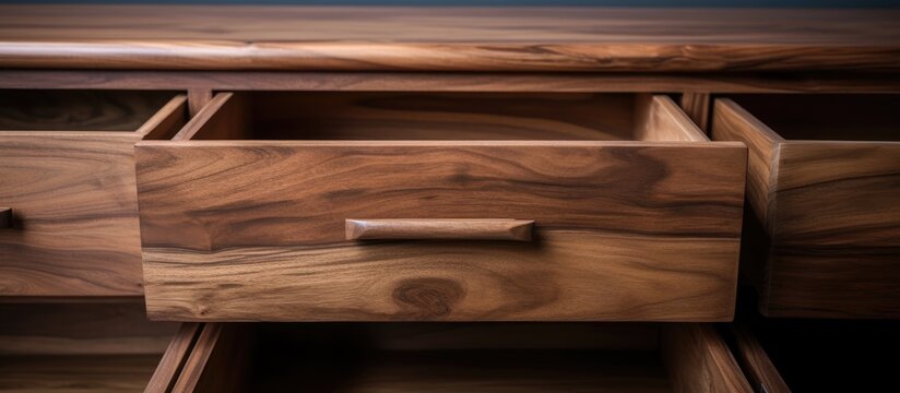A closeup shot of an open wooden drawer sitting on a brown hardwood table. The drawer is made of plywood with a smooth varnish finish, showcasing a beautiful wood grain pattern
