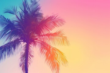 A tall palm tree stands in front of a sky filled with vibrant colors, creating a striking silhouette against the backdrop