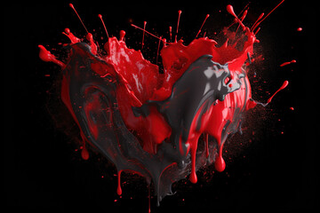 Black-Red Paint Splashes in Heart Shape on Black Background - 766152209