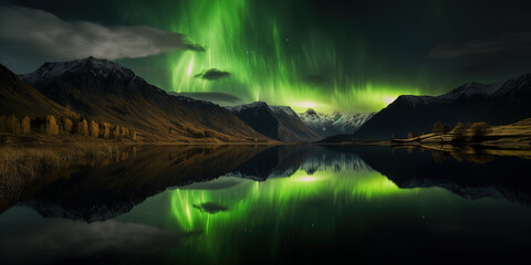 Aurora green Northern Lights in the night sky above the mountains range - 766152211