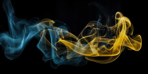 Blue and Yellow Smoke Contrast in Ukrainian Flag Colors on Black Background - 766152218