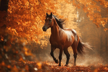 Horse Running Fast Through An Autumnal Forest - 766152224