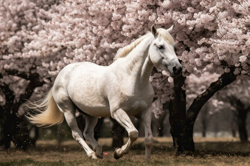 Obraz na płótnie Canvas Horse Running Fast Against Blooming Cherry Blossoms