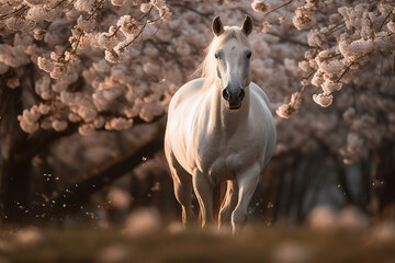 Horse Running Fast Against Blooming Cherry Blossoms - 766152235