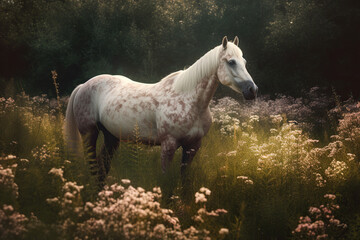 Magnificent Horse Grazing On A Flower Meadow - 766152239