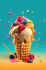 Illustration Delicious Colorful Sweet Ice Cream In Waffle Cups - 766152260