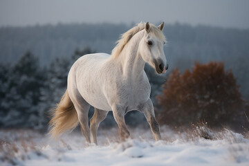 Obraz na płótnie Canvas Magnificent White Horse Running By Snowy Meadow