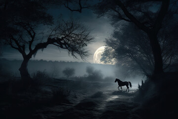 Night Scene With The Running Horse Under The Giant Moonlight - 766152265