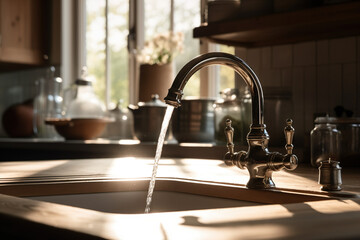 Fresh Morning Scene With Water Flowing From A Kitchen Faucet - 766152273