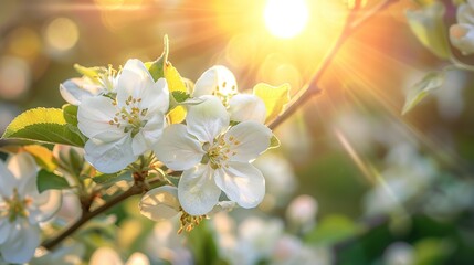 Blossom apple tree with branches with sun flares on background. Apple tree flower close up. Beautiful white flowers.,Generative ai,  - obrazy, fototapety, plakaty