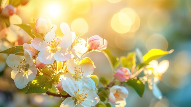 Blossom apple tree with branches with sun flares on background. Apple tree flower close up. Beautiful white flowers.,Generative ai, 