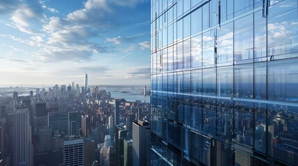 Fototapeta premium A skyscrapers glass facade reflecting the cityscape below