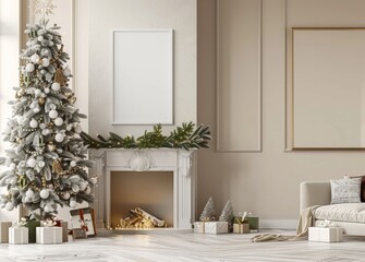 Frame mockup, living room, Christmas Tree with Presents: Festive Holiday Decor, high-resolution (300 DPI)