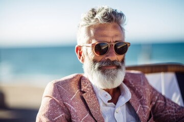 An elderly man enjoys a peaceful day sitting in a chair on the seashore. Generative AI.