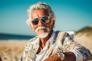 An elderly man enjoys a peaceful day sitting in a chair on the seashore. Generative AI.