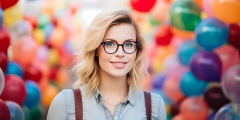 Portrait of beautiful woman with inflatable rainbow balloons. Generative AI. - obrazy, fototapety, plakaty