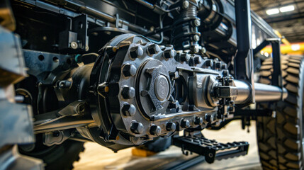 Fototapeta premium A heavy-duty transmission mount, with thick rubber isolators and sturdy brackets, securing the transmission to the truck's frame