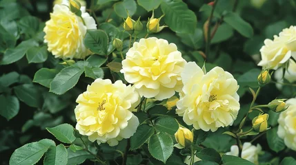 Foto op Plexiglas Rosa 'Harison's Yellow', also known as R. × harisonii, the Oregon Trail Rose or the Yellow Rose of Texas, is a rose cultivar which originated as a chance hybrid in the early 19th century. It probably  © Dzakir