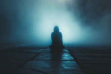 A person sitting alone in the center of a dimly lit room, surrounded by darkness, A ghostly image of opioid addiction manifesting at night, AI Generated