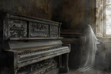 A photograph featuring an aged piano covered by a delicate veil, A ghostly musician forever playing...