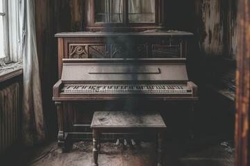 A piano is placed in a room, positioned next to a window, allowing natural light to illuminate the...
