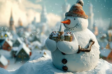 A snowman stands in the snow, holding a sleigh in his hands, A giant snowman holding a tiny city in his hands, AI Generated - obrazy, fototapety, plakaty