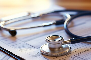 Stethoscope Resting on Top of Blueprint, A gleaming stethoscope placed leisurely on important medical documents, AI Generated