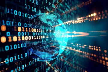 A photo featuring a blue and black background with a globe positioned in the foreground, A globe wrapped in streaming lines of binary code, AI Generated
