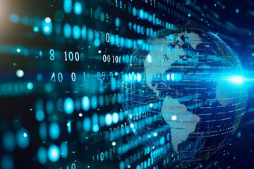 A close-up photo of a world globe with numbers encircling it, set against a dark background, A globe wrapped in streaming lines of binary code, AI Generated