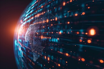 A photograph capturing a globe with a significant concentration of dots located in the central area, A globe wrapped in streaming lines of binary code, AI Generated