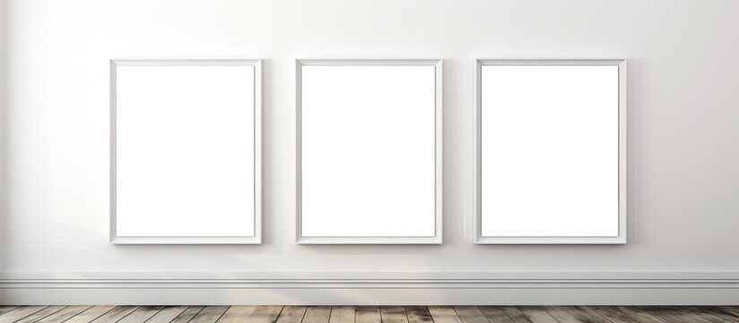 A room with three empty rectangular frames hanging on a white wall, creating a simple and modern decor