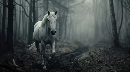 Foto op Plexiglas White horse in foggy dark forest © ArtBox
