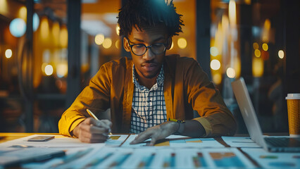 Black male person focused on work. Young african man concentrated with document information - obrazy, fototapety, plakaty