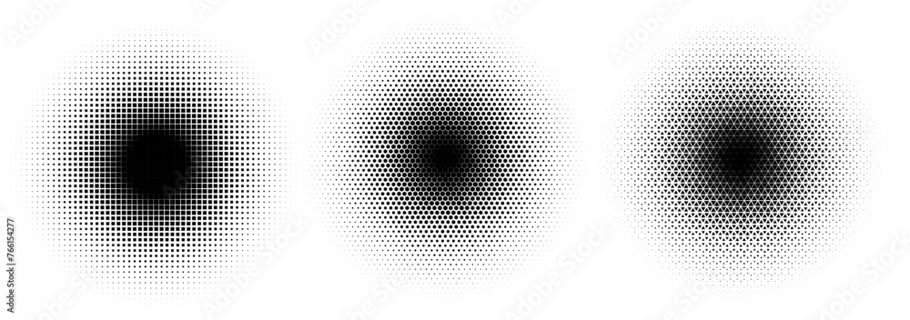 Fototapete Set of Abstract Halftone Circles. Triangular Hexagonal and Squares Halftone Circle Frames. Template for Comic or Pop Art Designs. Vector Illustration.