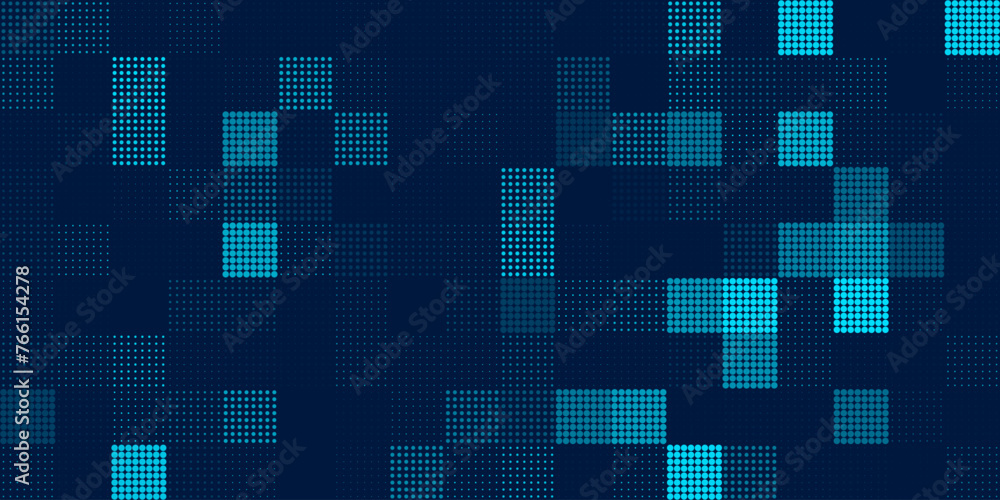 Poster Halftone Pixel Dithering Square Tiles Seamless Pattern. Abstract Tech Pixel Background. Vector Illustration. Pixel Halftone Effect Random Tiles Generative Art.