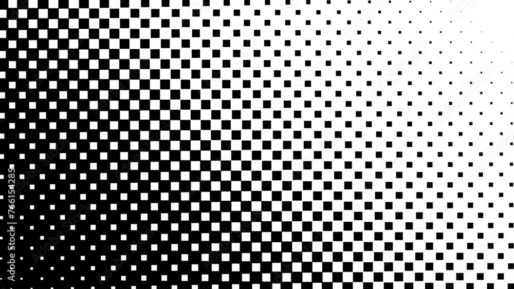 Poster Halftone Square Pixels Pattern. Faded Shade Background. Grid Gradation BG. Black Screentone Diffuse Background. Overlay Texture. Abstract Patern for Design Comic Prints. Vector Illustration.