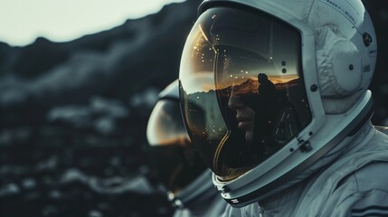 Contemplative Astronaut Gazing at Sunset on Alien Planet - obrazy, fototapety, plakaty