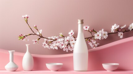 Minimalist Sake Bottle on Pink Background with Cherry Blossoms