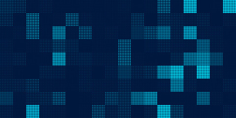Halftone Pixel Dithering Square Tiles Seamless Pattern. Abstract Tech Pixel Background. Vector Illustration. Pixel Halftone Effect Random Tiles Generative Art.