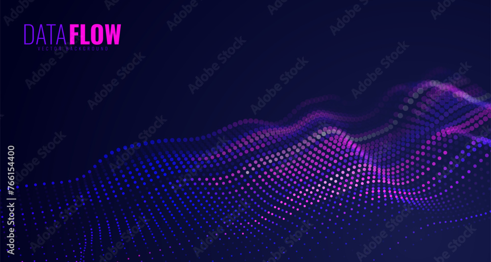 Fototapete Digital Data Flow Vector Background. Big Data Technology Particles. Tech Business Backdrop. Dots Grid Waves Landscape. Information Flow in Virtual Reality Cyberspace. Vector Illustration.