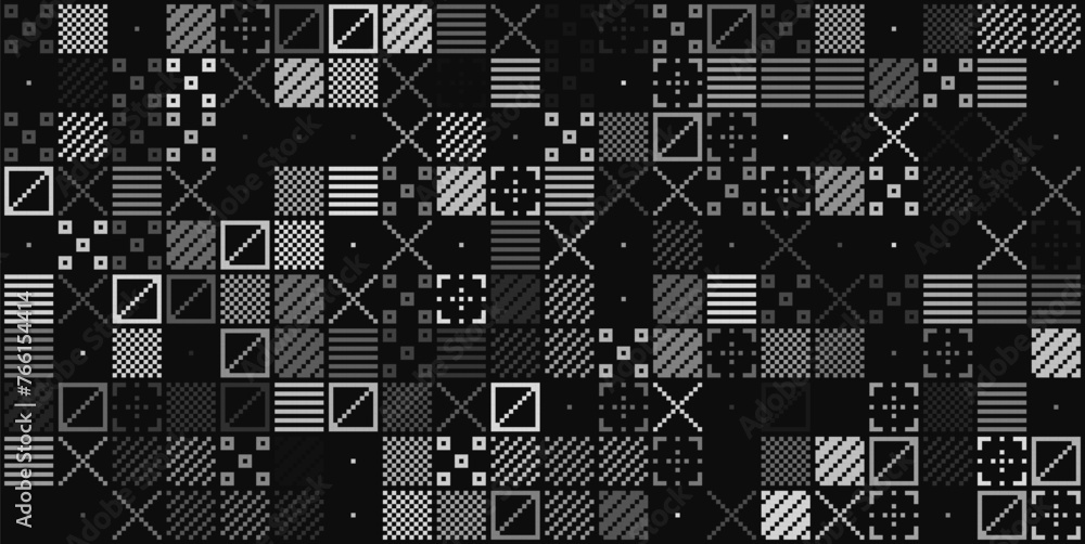 Aufkleber Abstract Pixel Symbols Vector Pattern. Geometric Retro Computer Game Style Texture. Generative Art Tech Vector Illustration. Grid of Pixel Shapes.