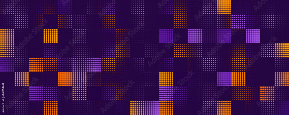 Poster Modern Stylish Halftone Technology Seamless Texture. Tech Abstract Background with Random Size Pixels. Vector Chaotic Squares Mosaic Pattern. Vector Tiles.
