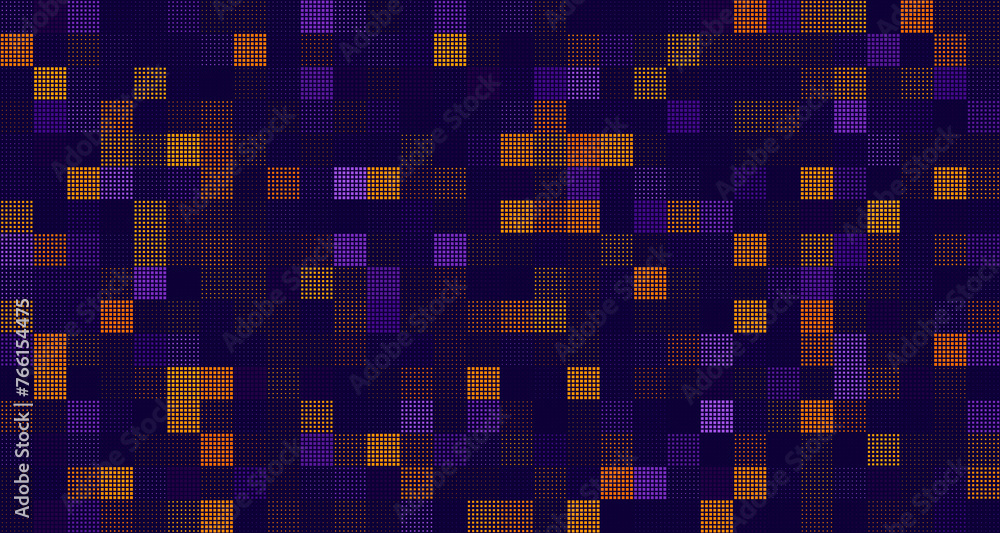 Poster Modern Stylish Halftone Technology Seamless Texture. Tech Abstract Background with Random Size Pixels. Vector Chaotic Squares Mosaic Pattern. Vector Tiles.